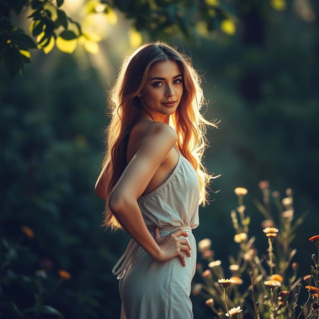 A beautiful and confident woman standing in a serene natural setting, highlighted by soft, warm light