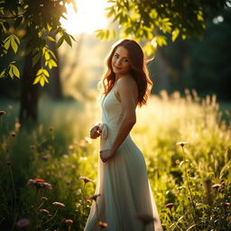 A beautiful and confident woman standing in a serene natural setting, highlighted by soft, warm light