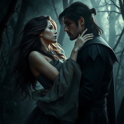 A dramatic and passionate scene depicting the intense romance between Elara and Lord Ravyn