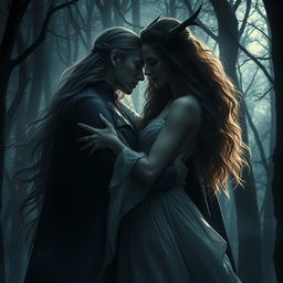 A dramatic and passionate scene depicting the intense romance between Elara and Lord Ravyn