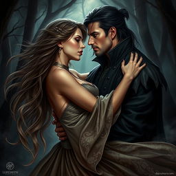 A dramatic and passionate scene depicting the intense romance between Elara and Lord Ravyn