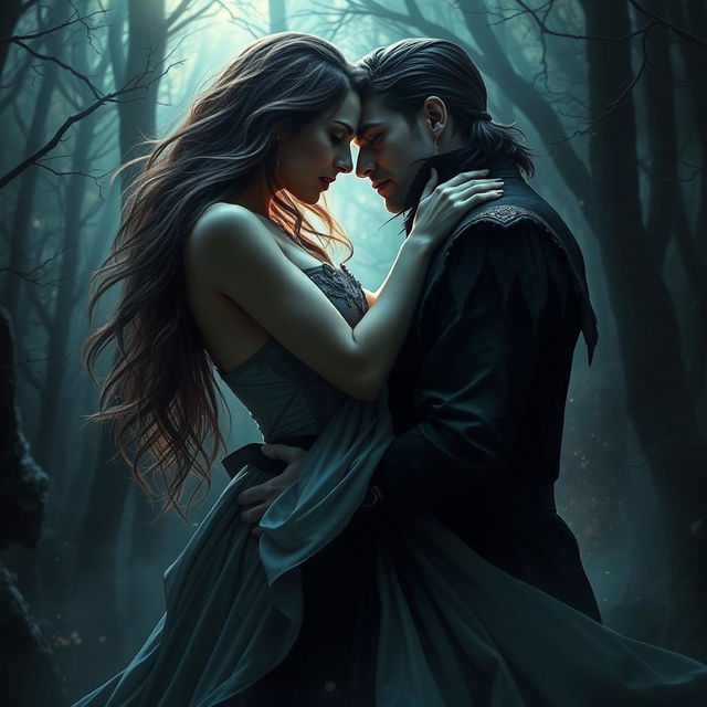 A dramatic and passionate scene depicting the intense romance between Elara and Lord Ravyn