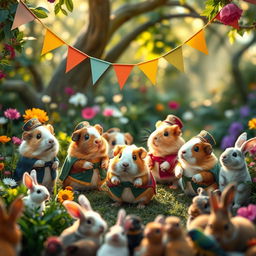 A whimsical scene of a guinea pig ceremony in a lush garden, featuring multiple guinea pigs dressed in miniature ceremonial outfits, such as tiny tunics and hats, surrounded by colorful decorations, banners, and flowers