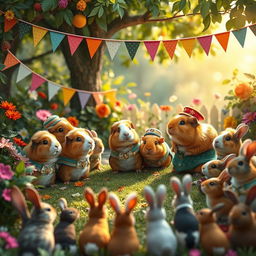 A whimsical scene of a guinea pig ceremony in a lush garden, featuring multiple guinea pigs dressed in miniature ceremonial outfits, such as tiny tunics and hats, surrounded by colorful decorations, banners, and flowers