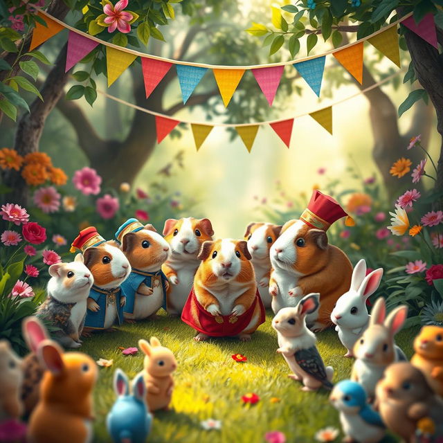 A whimsical scene of a guinea pig ceremony in a lush garden, featuring multiple guinea pigs dressed in miniature ceremonial outfits, such as tiny tunics and hats, surrounded by colorful decorations, banners, and flowers