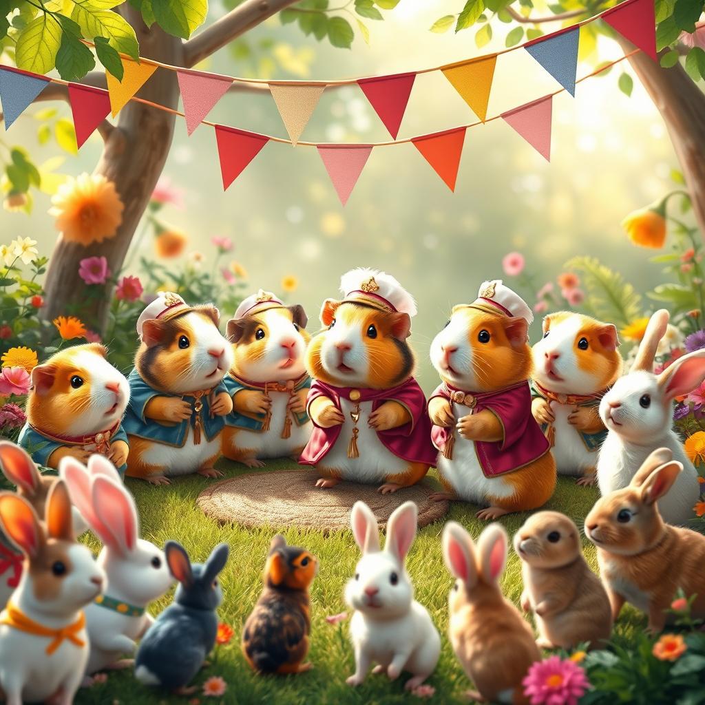 A whimsical scene of a guinea pig ceremony in a lush garden, featuring multiple guinea pigs dressed in miniature ceremonial outfits, such as tiny tunics and hats, surrounded by colorful decorations, banners, and flowers