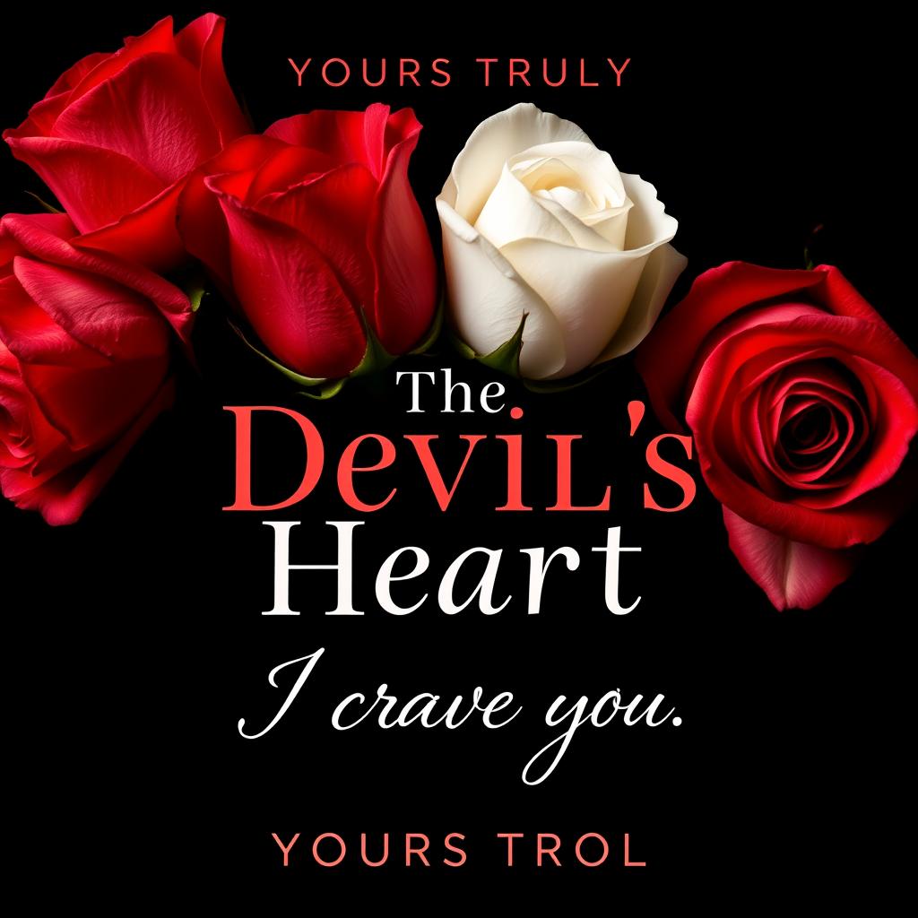 Cover design for 'The Devil's Heart' by Yours Truly, featuring a romantic yet edgy design that juxtaposes red and white roses with thorns, set against a striking black background