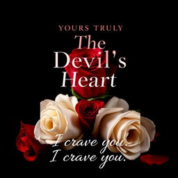 Cover design for 'The Devil's Heart' by Yours Truly, featuring a romantic yet edgy design that juxtaposes red and white roses with thorns, set against a striking black background