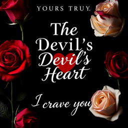 Cover design for 'The Devil's Heart' by Yours Truly, featuring a romantic yet edgy design that juxtaposes red and white roses with thorns, set against a striking black background