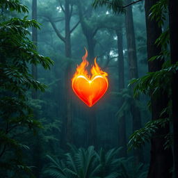 A vibrant, burning heart floating gracefully in the middle of a lush green forest during a rainstorm
