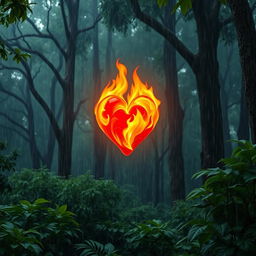 A vibrant, burning heart floating gracefully in the middle of a lush green forest during a rainstorm