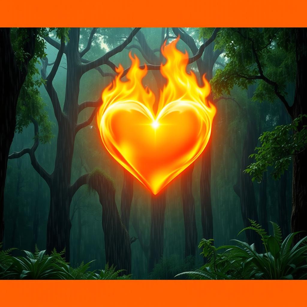 A vibrant, burning heart floating gracefully in the middle of a lush green forest during a rainstorm