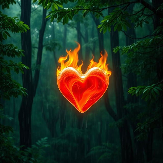 A vibrant, burning heart floating gracefully in the middle of a lush green forest during a rainstorm