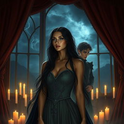 In a mystical, dark fantasy setting, a beautiful woman named Lady Elara, with long flowing dark hair and deep sapphire eyes, stands in an ornate chamber adorned with rich velvet drapes and flickering candlelight