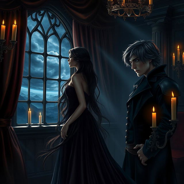 In a mystical, dark fantasy setting, a beautiful woman named Lady Elara, with long flowing dark hair and deep sapphire eyes, stands in an ornate chamber adorned with rich velvet drapes and flickering candlelight