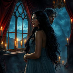 In a mystical, dark fantasy setting, a beautiful woman named Lady Elara, with long flowing dark hair and deep sapphire eyes, stands in an ornate chamber adorned with rich velvet drapes and flickering candlelight