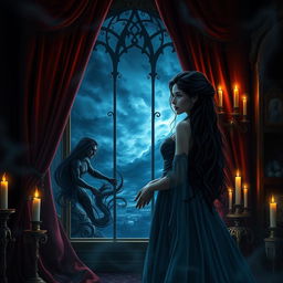 In a mystical, dark fantasy setting, a beautiful woman named Lady Elara, with long flowing dark hair and deep sapphire eyes, stands in an ornate chamber adorned with rich velvet drapes and flickering candlelight