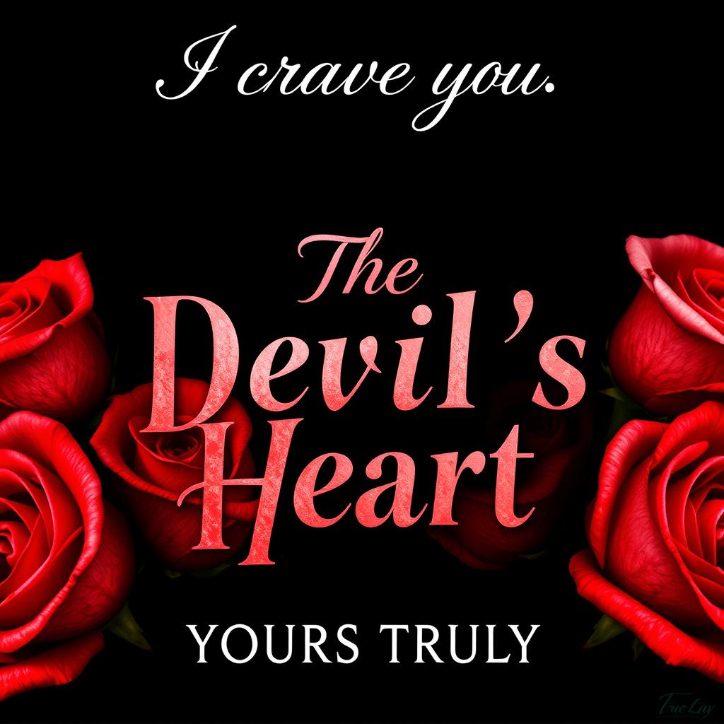 Cover design for 'The Devil's Heart' by Yours Truly, showcasing a captivating and edgy composition featuring vivid red and white roses with thorns against a bold black background