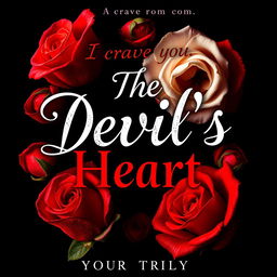 Cover design for 'The Devil's Heart' by Yours Truly, showcasing a captivating and edgy composition featuring vivid red and white roses with thorns against a bold black background