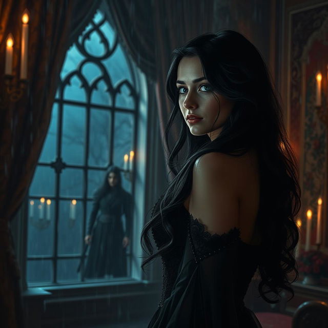 In a captivating dark romance setting, a beautiful and elegant woman named Lady Elara, with long dark hair and striking emerald eyes, stands in a lavishly decorated room filled with intricate tapestries and dim candlelight