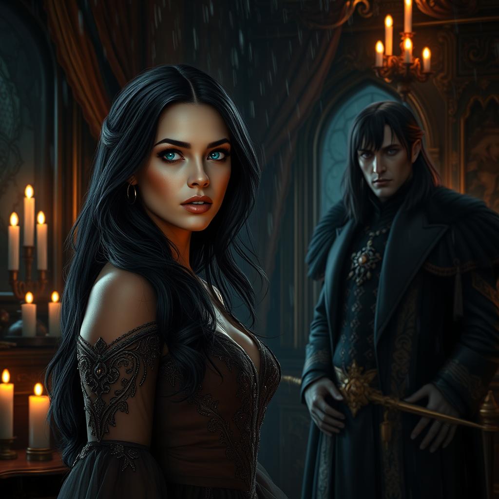 In a captivating dark romance setting, a beautiful and elegant woman named Lady Elara, with long dark hair and striking emerald eyes, stands in a lavishly decorated room filled with intricate tapestries and dim candlelight