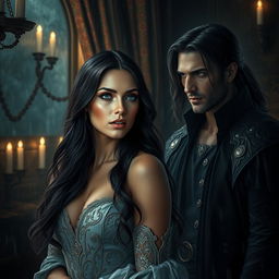 In a captivating dark romance setting, a beautiful and elegant woman named Lady Elara, with long dark hair and striking emerald eyes, stands in a lavishly decorated room filled with intricate tapestries and dim candlelight