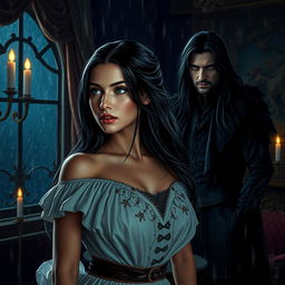 In a captivating dark romance setting, a beautiful and elegant woman named Lady Elara, with long dark hair and striking emerald eyes, stands in a lavishly decorated room filled with intricate tapestries and dim candlelight