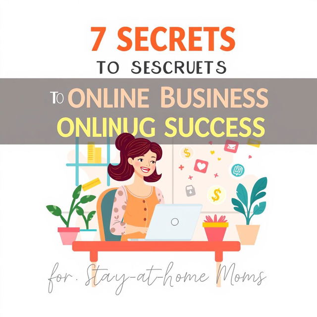 A colorful and motivational ebook cover for '7 Secrets to Online Business Success for Stay-at-Home Moms'