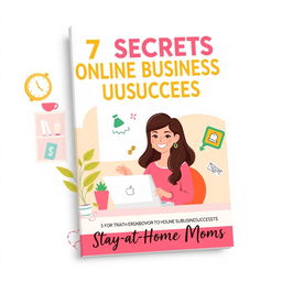 A colorful and motivational ebook cover for '7 Secrets to Online Business Success for Stay-at-Home Moms'