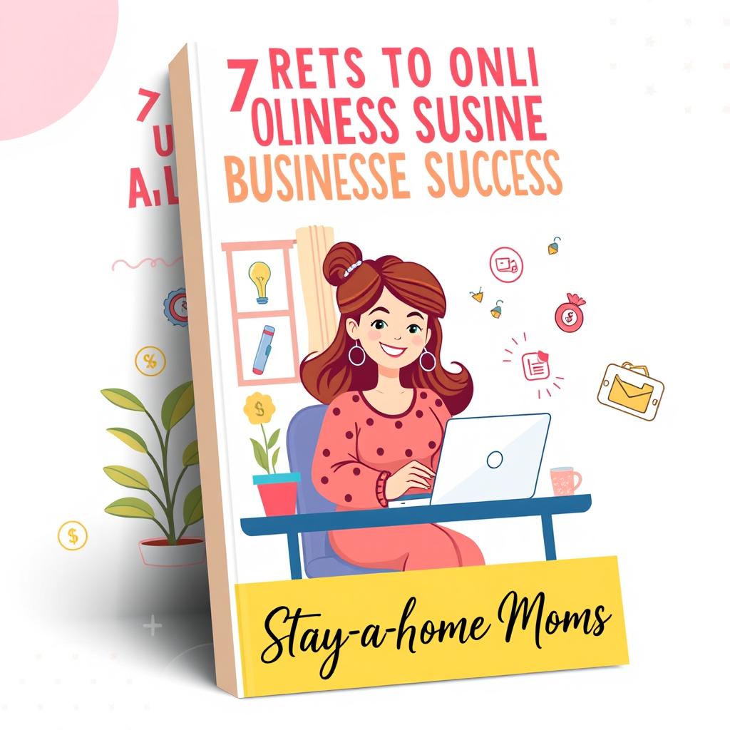 A colorful and motivational ebook cover for '7 Secrets to Online Business Success for Stay-at-Home Moms'