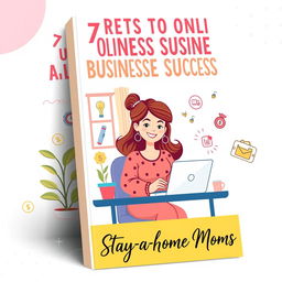 A colorful and motivational ebook cover for '7 Secrets to Online Business Success for Stay-at-Home Moms'