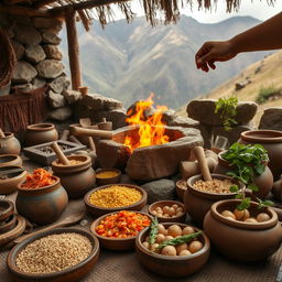 A beautifully arranged scene showcasing ancient Andean cooking methods, focusing on a traditional Andean kitchen