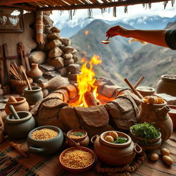 A beautifully arranged scene showcasing ancient Andean cooking methods, focusing on a traditional Andean kitchen