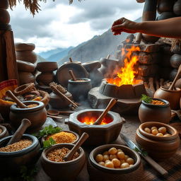 A beautifully arranged scene showcasing ancient Andean cooking methods, focusing on a traditional Andean kitchen