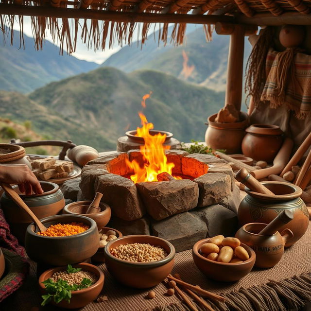 A beautifully arranged scene showcasing ancient Andean cooking methods, focusing on a traditional Andean kitchen