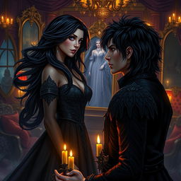 In a sumptuous and dark fantasy world, Lady Elara, an exquisite woman with flowing ebony hair and captivating violet eyes, stands in a richly adorned chamber filled with plush cushions, gilded mirrors, and candlelight casting enchanting shadows