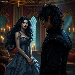 In a sumptuous and dark fantasy world, Lady Elara, an exquisite woman with flowing ebony hair and captivating violet eyes, stands in a richly adorned chamber filled with plush cushions, gilded mirrors, and candlelight casting enchanting shadows