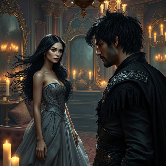 In a sumptuous and dark fantasy world, Lady Elara, an exquisite woman with flowing ebony hair and captivating violet eyes, stands in a richly adorned chamber filled with plush cushions, gilded mirrors, and candlelight casting enchanting shadows