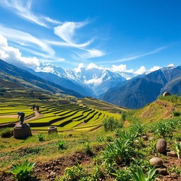 An expansive view of high-altitude farming in the Andes, depicting lush terraced fields growing vibrant crops like quinoa, potatoes, and corn