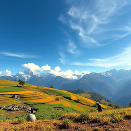 An expansive view of high-altitude farming in the Andes, depicting lush terraced fields growing vibrant crops like quinoa, potatoes, and corn