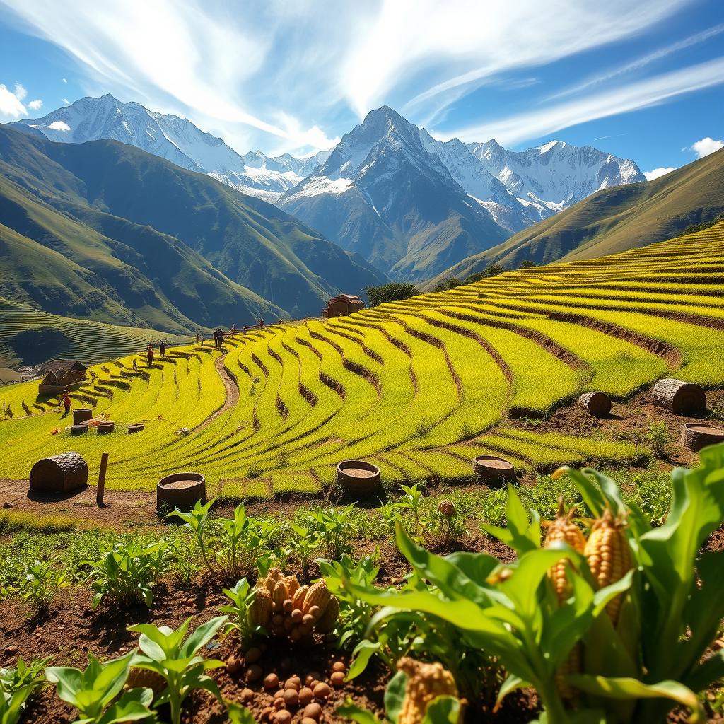 An expansive view of high-altitude farming in the Andes, depicting lush terraced fields growing vibrant crops like quinoa, potatoes, and corn