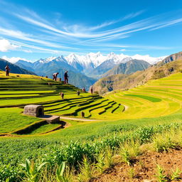 An expansive view of high-altitude farming in the Andes, depicting lush terraced fields growing vibrant crops like quinoa, potatoes, and corn