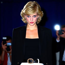 Princess Diana wearing a stylish black blazer, a black tank top, and a black snakeskin belt, paired with white pants