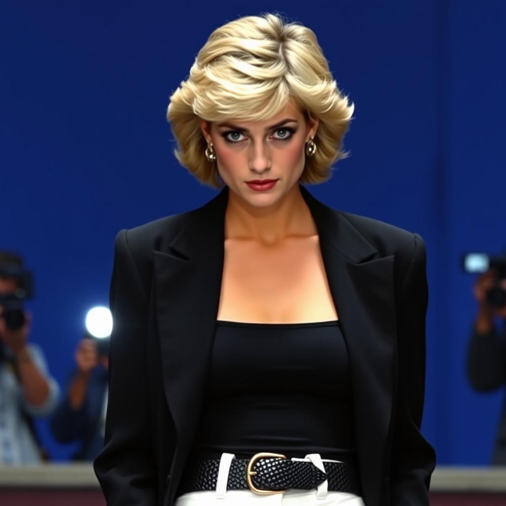 Princess Diana wearing a stylish black blazer, a black tank top, and a black snakeskin belt, paired with white pants