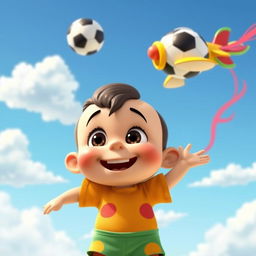 An animated child happily imagining a soccer ball and an airplane flying above