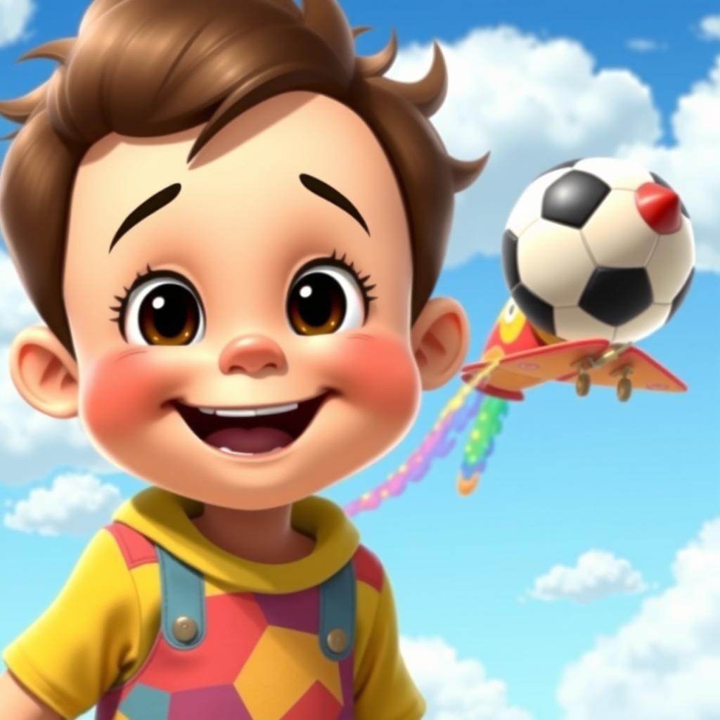 An animated child happily imagining a soccer ball and an airplane flying above