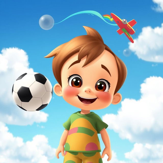 An animated child happily imagining a soccer ball and an airplane flying above