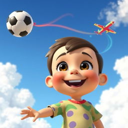 An animated child happily imagining a soccer ball and an airplane flying above