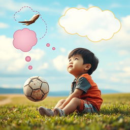 A scene featuring a child sitting in a quiet corner of an open field, gazing up at the sky or horizon while holding a worn-out soccer ball