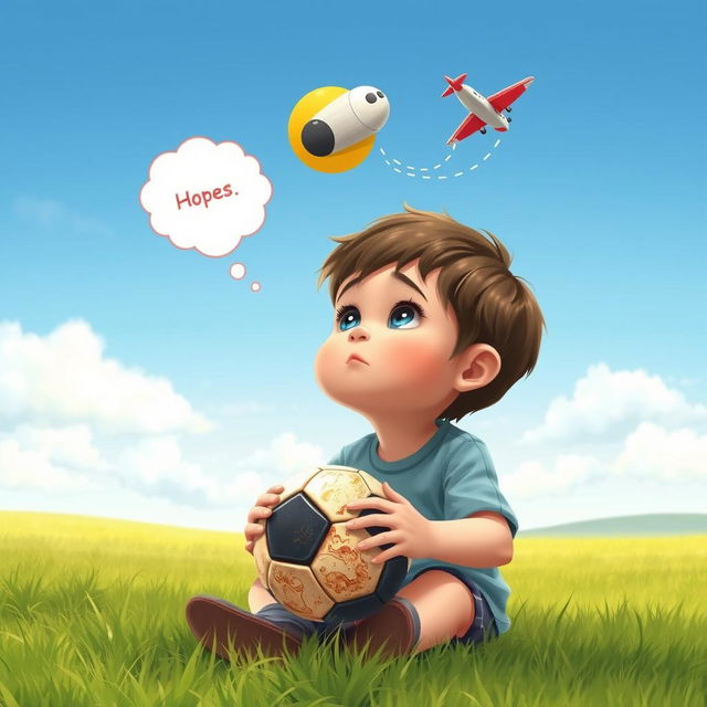 A scene featuring a child sitting in a quiet corner of an open field, gazing up at the sky or horizon while holding a worn-out soccer ball